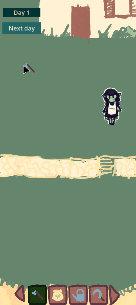 a gif of a very rough sketch of a garden, with the same next day button at the top, a series of tools at the bottom, and a goblin maid standing in the garden. Using the tools at the bottom, the player can til the soil, plant seeds, water them, and harvest carrots.