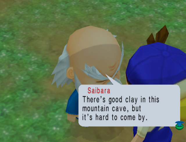 a zoom on the same grandpa with a speech bubble that reads: "Saibara: There's good clay in this mountain cave, but it's hard to come by"