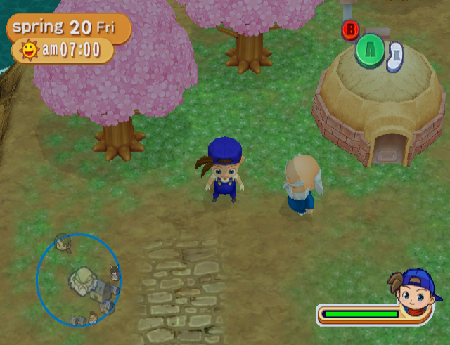 screenshot from the game, the protagonsit is standing next to an old man dressed all in blue. He is severely balding, with only a ring of unkempt white hair at the back of his head. He has a long messy beard and and a long mustach. His incredibly bushy brows are pointing toward his nose, giving him an air of perpetual annoyance.
