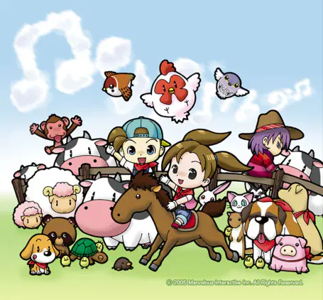 Official illustration of Harvest Moon: Magical Melody, including the protagonist on a cow, the rival on a horse, a bunch of various animals, and clouds shaped like music notes.