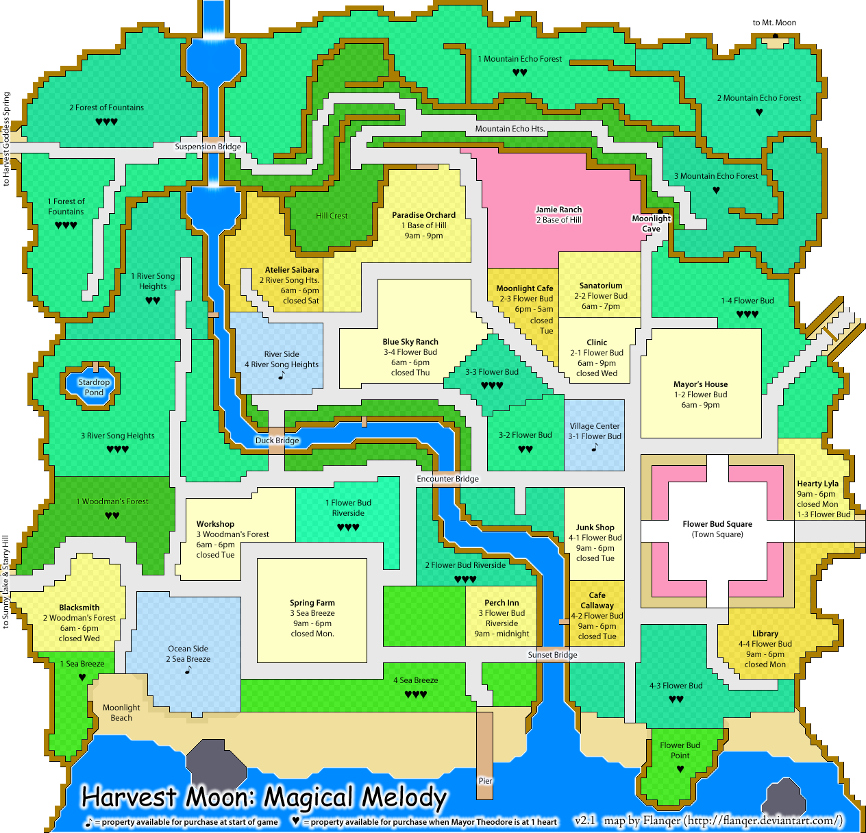 a fan made map of the game, with color coding to show which parts of the map belongs to NPC, which can be chosen at the start, and which can be bought later on. There is a village in the center, a river coming from the north and traversing all the way to the sea at the south, and forests all around. Any piece of land that doesn't have the name of an NPC can be bought, almost three quarters of the map.