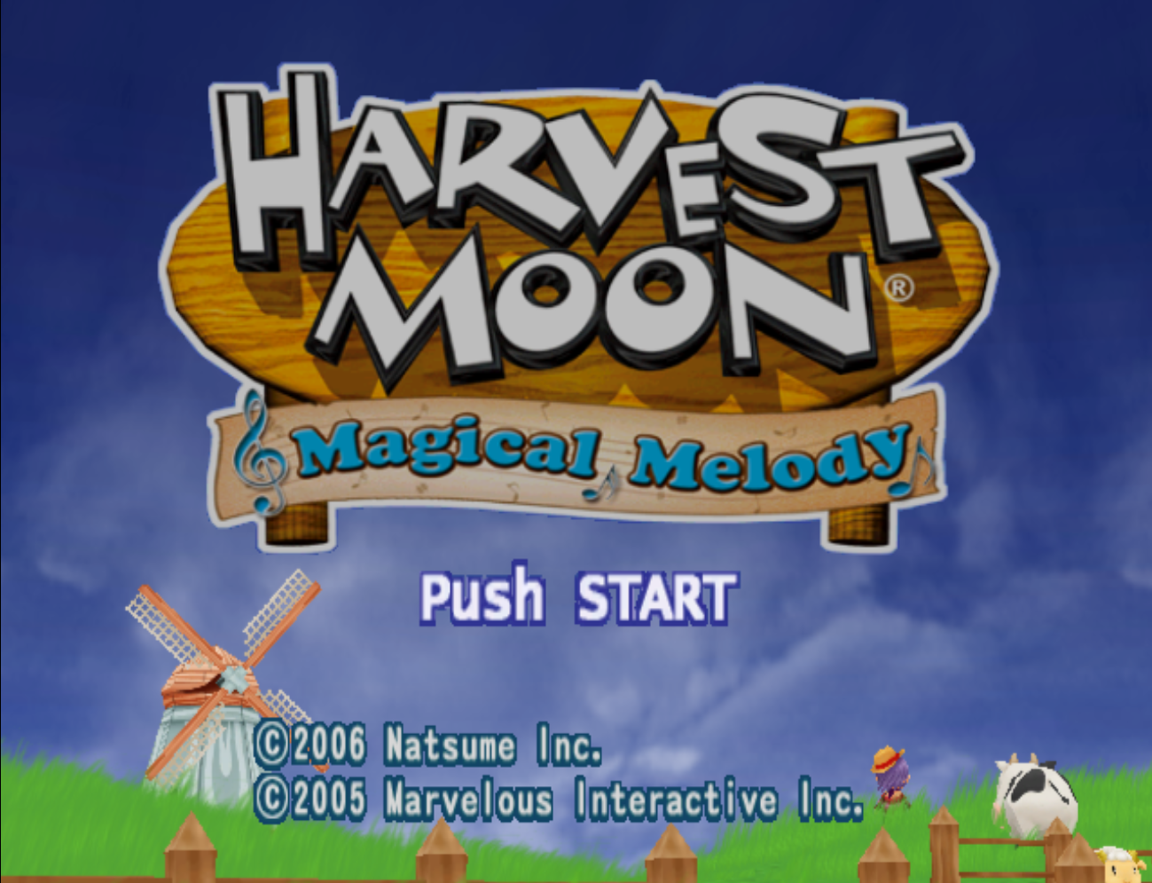 Title screen of Harvest Moon Magical Melody, with the logo of the game on a blue sky, with some green hills and a windmill in the background.